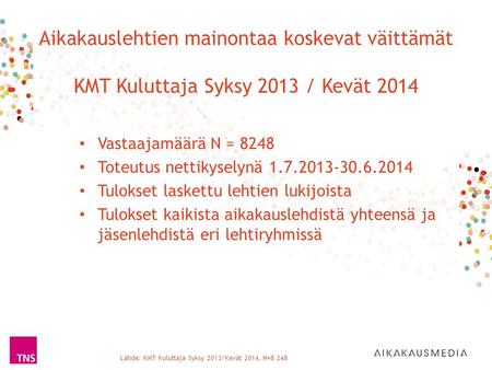 Aikakauslehtien mainontaa koskevat väittämät KMT Kuluttaja Syksy 2013 / Kevät 2014 Lähde: KMT Kuluttaja Syksy 2013/Kevät 2014, N=8 248 Vastaajamäärä N.