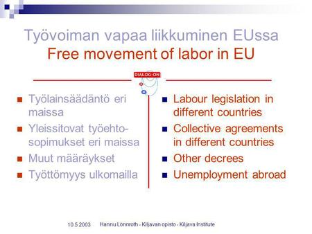 Hannu Lönnroth - Kiljavan opisto - Kiljava Institute 10.5.2003 Työvoiman vapaa liikkuminen EUssa Free movement of labor in EU Työlainsäädäntö eri maissa.