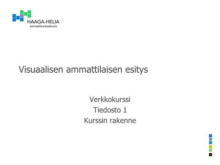 Visuaalisen ammattilaisen esitys Verkkokurssi Tiedosto 1 Kurssin rakenne.
