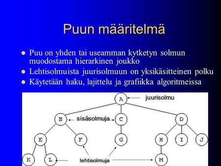 Puun määritelmä Puu on yhden tai useamman kytketyn solmun muodostama hierarkinen joukko Lehtisolmuista juurisolmuun on yksikäsitteinen polku Käytetään.
