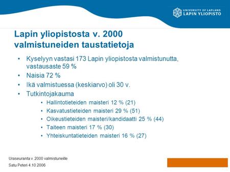Lapin yliopistosta v. 2000 valmistuneiden taustatietoja Kyselyyn vastasi 173 Lapin yliopistosta valmistunutta, vastausaste 59 % Naisia 72 % Ikä valmistuessa.