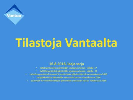 Tilastoja Vantaalta 16.8.2016, laaja sarja rakentamistiedot päivitetään seuraavan kerran viikolla 37 työttömyystiedot päivitetään seuraavan kerran viikolla.