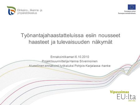 Työnantajahaastatteluissa esiin nousseet haasteet ja tulevaisuuden näkymät Ennakointikamari 6.10.2010 Projektisuunnittelija Hanna Silvennoinen Alueellinen.