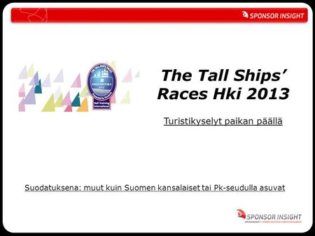 The Tall Ships’ Races Hki 2013 Turistikyselyt paikan päällä Suodatuksena: muut kuin Suomen kansalaiset tai Pk-seudulla asuvat.