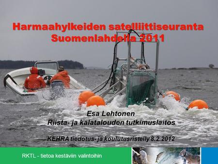 RKTL - tietoa kestäviin valintoihin 1 Harmaahylkeiden satelliittiseuranta Suomenlahdella 2011 Esa Lehtonen Riista- ja kalatalouden tutkimuslaitos KEHRA.