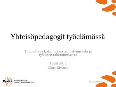 Yhteisöpedagogit työelämässä Tilanteita ja kokemuksia työllistymisestä ja työurien rakentumisesta Tuhti 2013 Elina Kivinen.