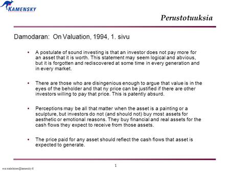 Perustotuuksia Damodaran: On Valuation, 1994, 1. sivu