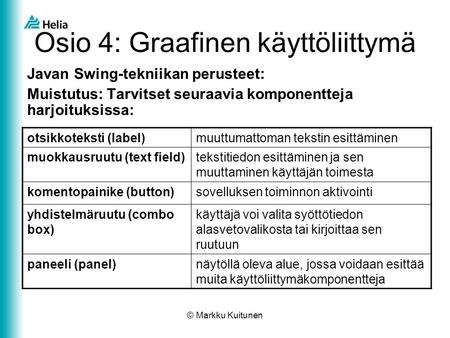 © Markku Kuitunen Osio 4: Graafinen käyttöliittymä Javan Swing-tekniikan perusteet: Muistutus: Tarvitset seuraavia komponentteja harjoituksissa: otsikkoteksti.