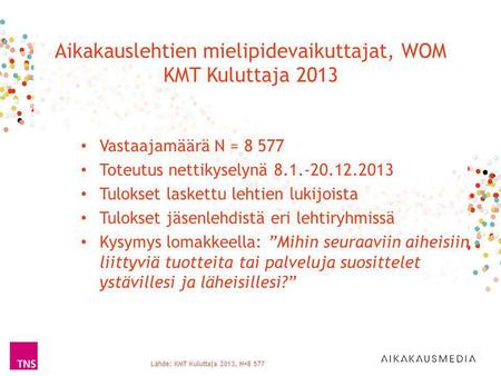 Aikakauslehtien mielipidevaikuttajat, WOM KMT Kuluttaja 2013 Lähde: KMT Kuluttaja 2013, N=8 577 • Vastaajamäärä N = 8 577 • Toteutus nettikyselynä 8.1.-20.12.2013.