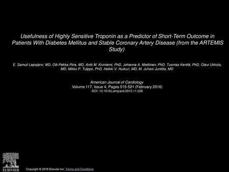 Usefulness of Highly Sensitive Troponin as a Predictor of Short-Term Outcome in Patients With Diabetes Mellitus and Stable Coronary Artery Disease (from.