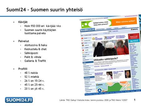 1 Suomi24 – Suomen suurin yhteisö •Kävijät –Noin 950 000 eri kävijää/vko –Suomen suurin käyttäjien tuottama palvelu •Palvelut –Aloitussivu & haku –Keskustelu.