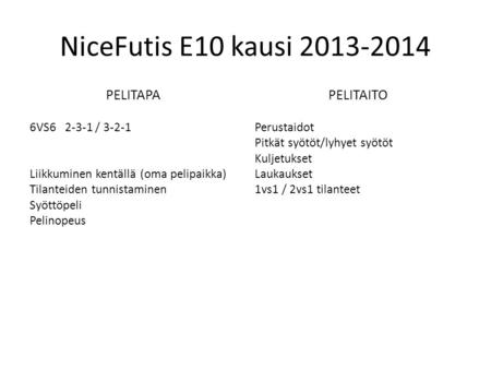 NiceFutis E10 kausi 2013-2014 PELITAPA 6VS6 2-3-1 / 3-2-1 Liikkuminen kentällä (oma pelipaikka) Tilanteiden tunnistaminen Syöttöpeli Pelinopeus PELITAITO.