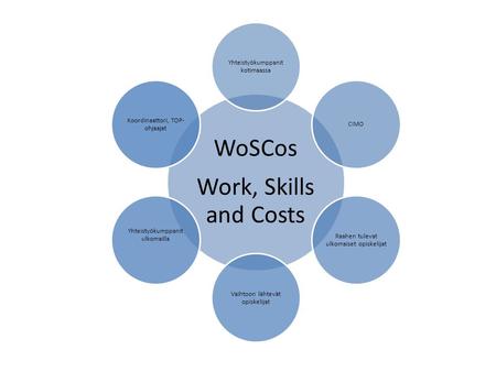 WoSCos Work, Skills and Costs Yhteistyökumppanit kotimaassa CIMO Raahen tulevat ulkomaiset opiskelijat Vaihtoon lähtevät opiskelijat Yhteistyökumppanit.