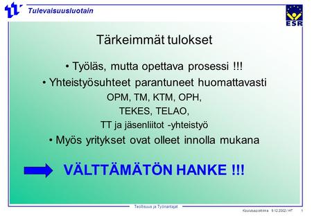 Teollisuus ja Työnantajat Koulutuspolitiikka 9.12.2002 / HT 1 Tulevaisuusluotain Tärkeimmät tulokset Työläs, mutta opettava prosessi !!! Yhteistyösuhteet.
