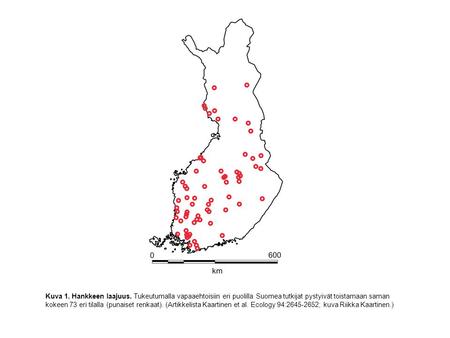 Kuva 1. Hankkeen laajuus. Tukeutumalla vapaaehtoisiin eri puolilla Suomea tutkijat pystyivät toistamaan saman kokeen 73 eri tilalla (punaiset renkaat).