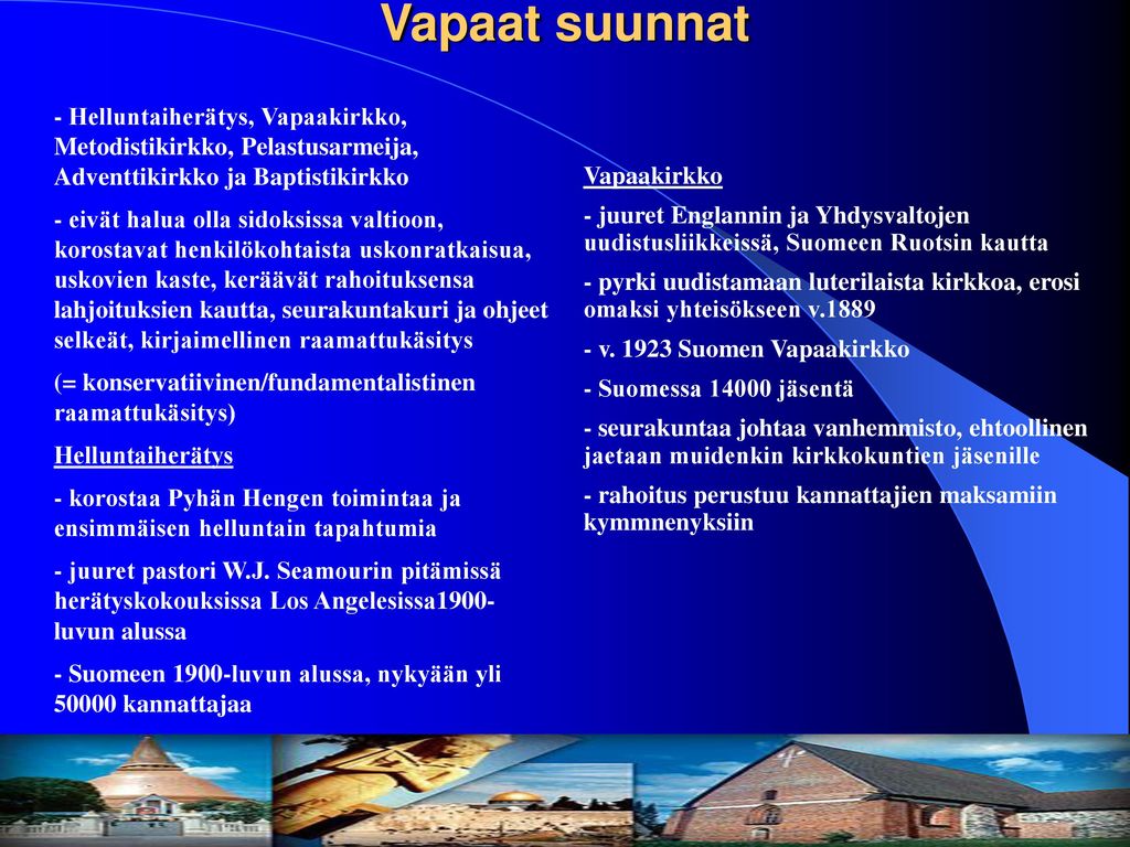 Vapaat suunnat - Helluntaiherätys, Vapaakirkko, Metodistikirkko, Pelastusarmeija, Adventtikirkko ja Baptistikirkko.