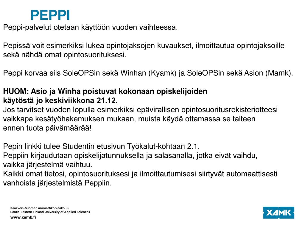PEPPI Peppi-palvelut otetaan käyttöön vuoden vaihteessa.