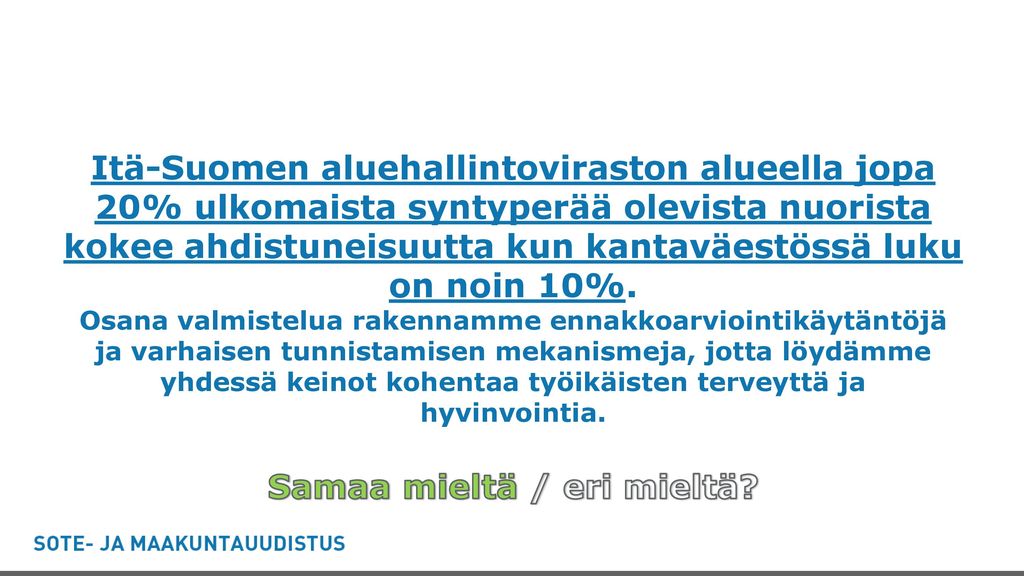 Itä-Suomen aluehallintoviraston alueella jopa 20% ulkomaista syntyperää olevista nuorista kokee ahdistuneisuutta kun kantaväestössä luku on noin 10%.