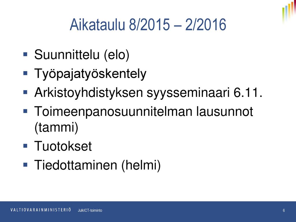 Aikataulu 8/2015 – 2/2016 Suunnittelu (elo) Työpajatyöskentely
