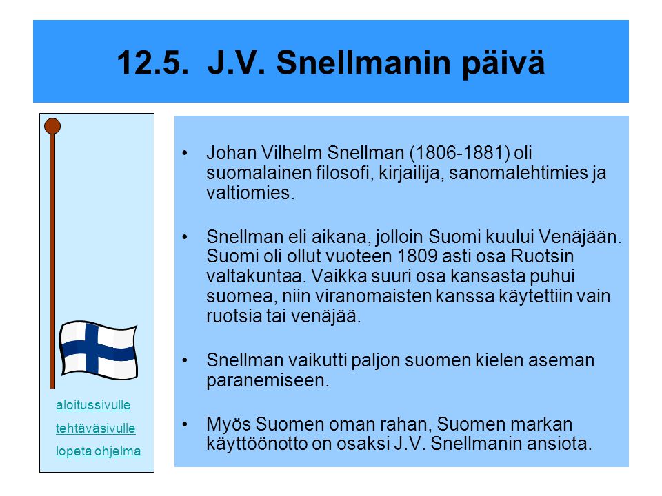12.5. J.V. Snellmanin päivä Johan Vilhelm Snellman ( ) oli suomalainen filosofi, kirjailija, sanomalehtimies ja valtiomies.