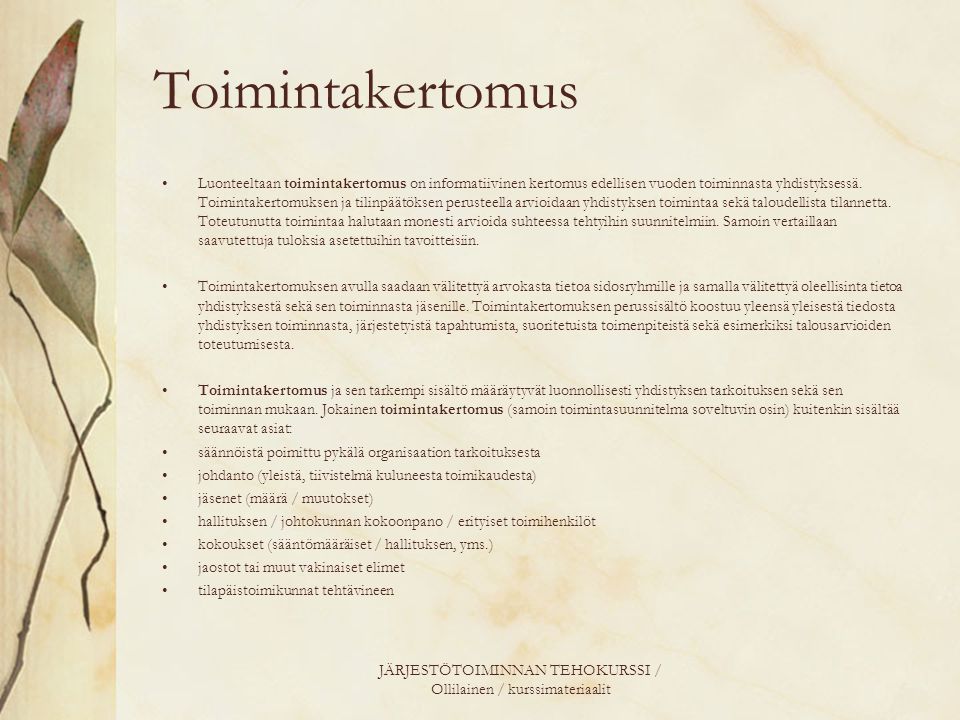 JÄRJESTÖTOIMINNAN TEHOKURSSI / Ollilainen / kurssimateriaalit