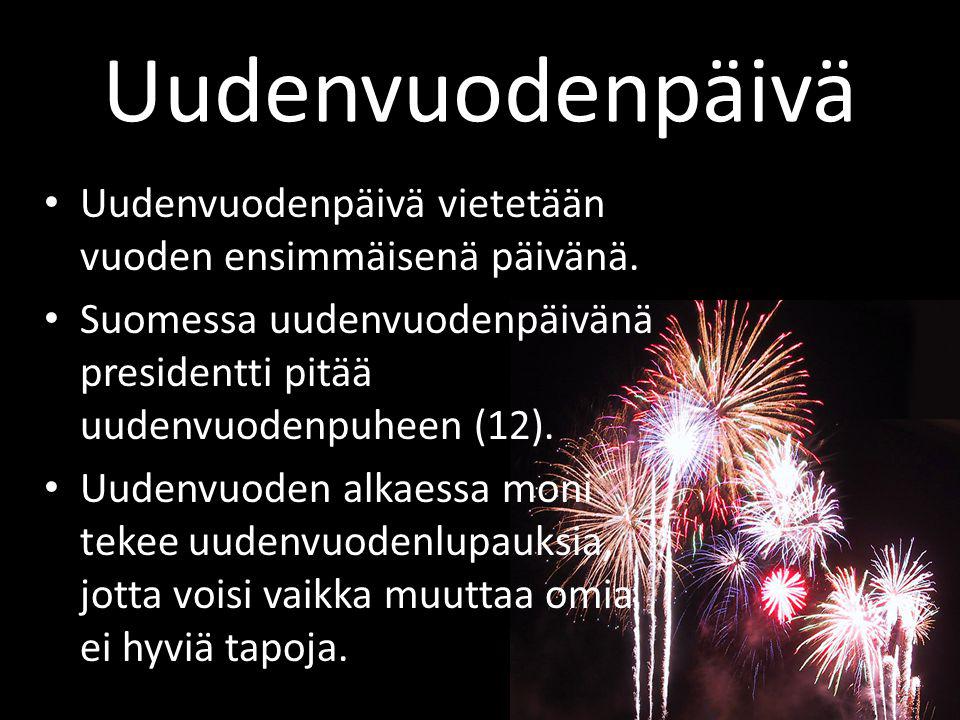 Uudenvuodenpäivä Uudenvuodenpäivä vietetään vuoden ensimmäisenä päivänä. Suomessa uudenvuodenpäivänä presidentti pitää uudenvuodenpuheen (12).
