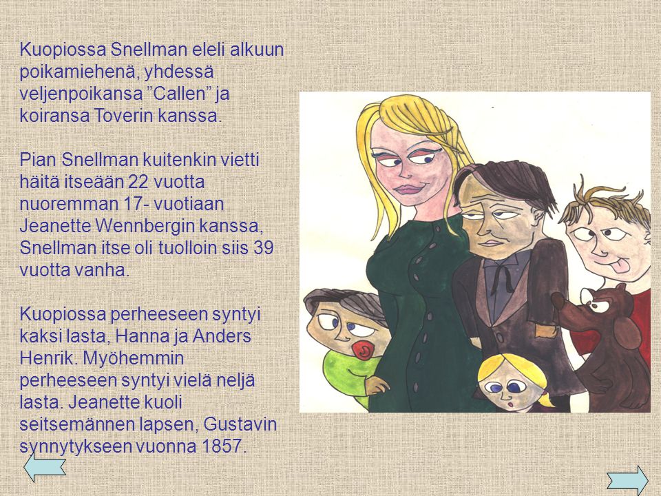 Kuopiossa Snellman eleli alkuun poikamiehenä, yhdessä veljenpoikansa Callen ja koiransa Toverin kanssa.