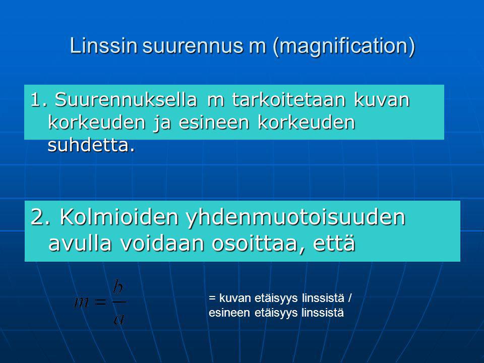 Linssin suurennus m (magnification)