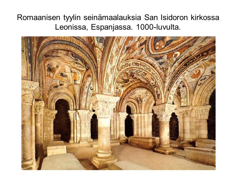 Romaanisen tyylin seinämaalauksia San Isidoron kirkossa Leonissa, Espanjassa luvulta.