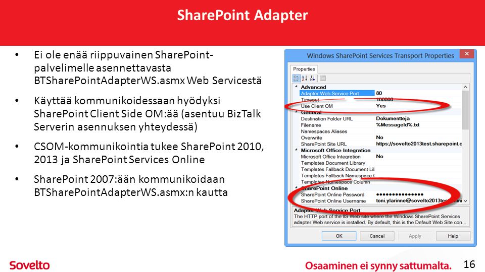 SharePoint Adapter Ei ole enää riippuvainen SharePoint- palvelimelle asennettavasta BTSharePointAdapterWS.asmx Web Servicestä.