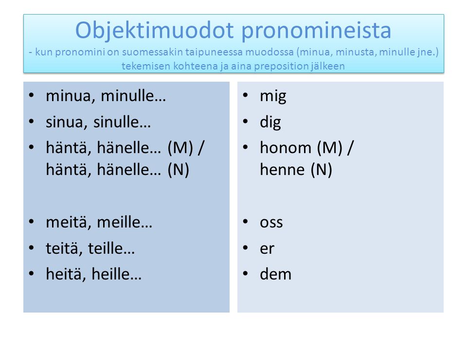 Objektimuodot pronomineista - kun pronomini on suomessakin taipuneessa muodossa (minua, minusta, minulle jne.) tekemisen kohteena ja aina preposition jälkeen