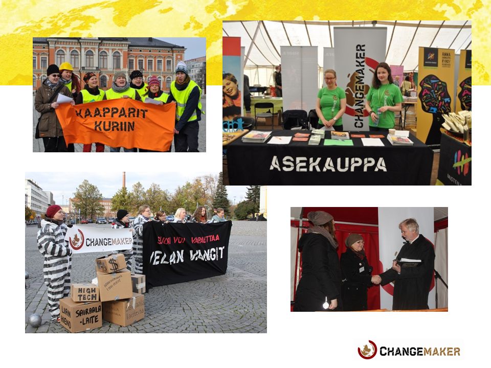 Changemakerin vaikuttamistoiminnassa keskeisessä osassa ovat kampanjat ja niihin liittyvät luovat tempaukset, joilla herätetään ihmisiä pohtimaan, Suomen ja suomalaisten roolia maailman epäkohdissa sekä vaikuttamismahdollisuuksia.