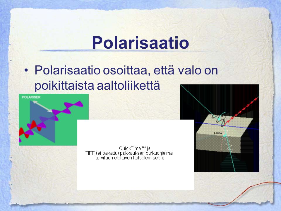 Polarisaatio Polarisaatio osoittaa, että valo on poikittaista aaltoliikettä