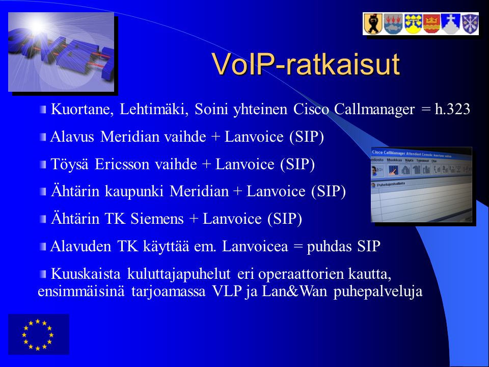 VoIP-ratkaisut Kuortane, Lehtimäki, Soini yhteinen Cisco Callmanager = h.323. Alavus Meridian vaihde + Lanvoice (SIP)