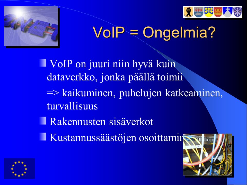 VoIP = Ongelmia VoIP on juuri niin hyvä kuin dataverkko, jonka päällä toimii. => kaikuminen, puhelujen katkeaminen, turvallisuus.