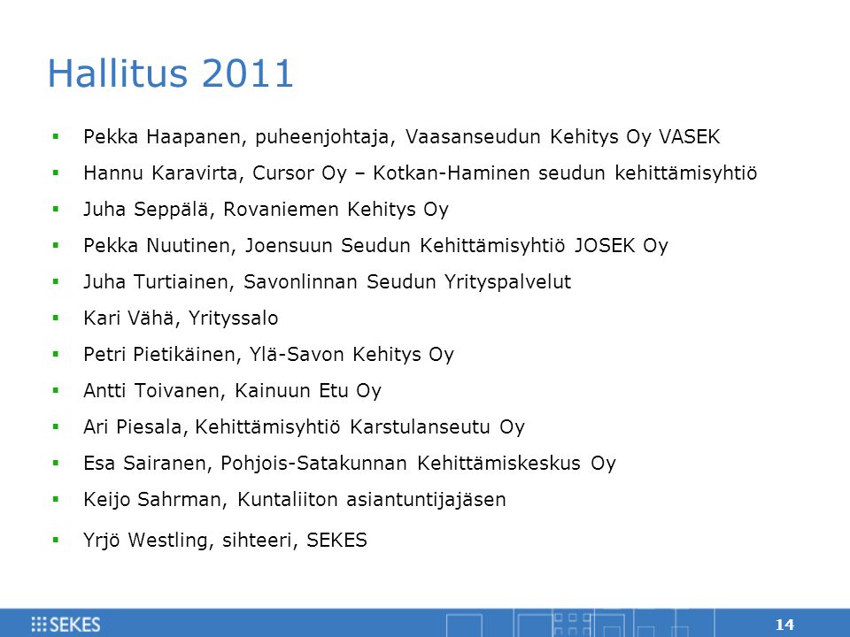 Hallitus 2011 Pekka Haapanen, puheenjohtaja, Vaasanseudun Kehitys Oy VASEK. Hannu Karavirta, Cursor Oy – Kotkan-Haminen seudun kehittämisyhtiö.
