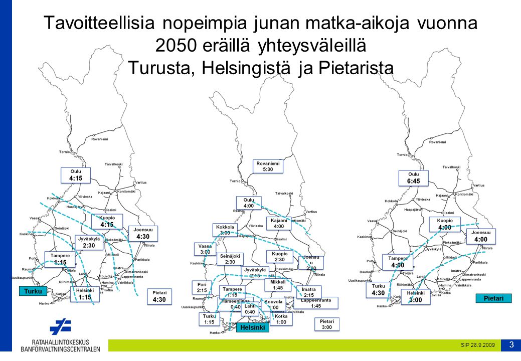 Tavoitteellisia nopeimpia junan matka-aikoja vuonna 2050 eräillä yhteysväleillä Turusta, Helsingistä ja Pietarista