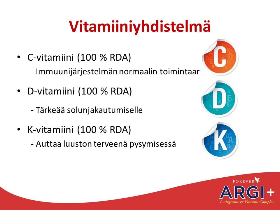Vitamiiniyhdistelmä C-vitamiini (100 % RDA) D-vitamiini (100 % RDA)