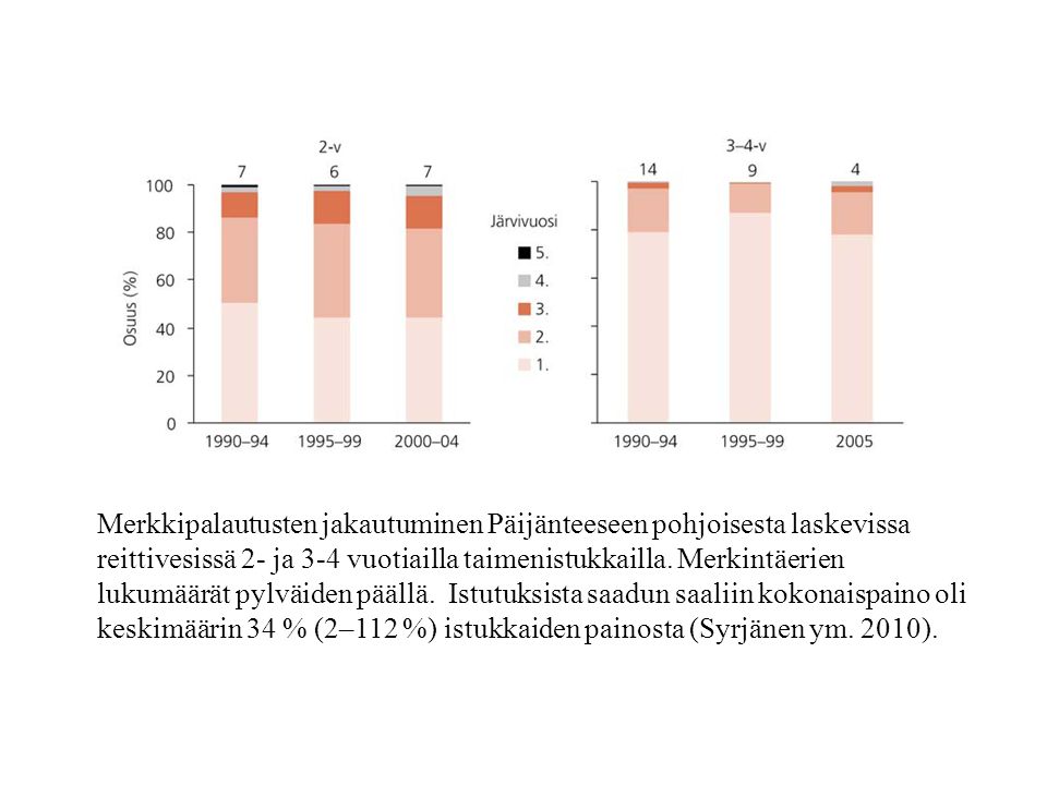 Merkkipalautusten jakautuminen Päijänteeseen pohjoisesta laskevissa reittivesissä 2- ja 3-4 vuotiailla taimenistukkailla.