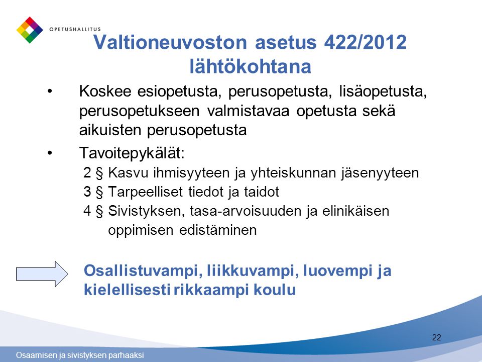 Valtioneuvoston asetus 422/2012 lähtökohtana