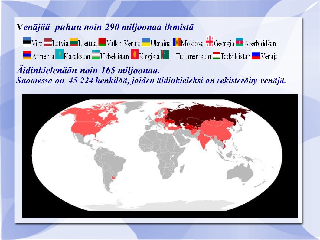 Venäjää puhuu noin 290 miljoonaa ihmistä Äidinkielenään noin 165 miljoonaa.