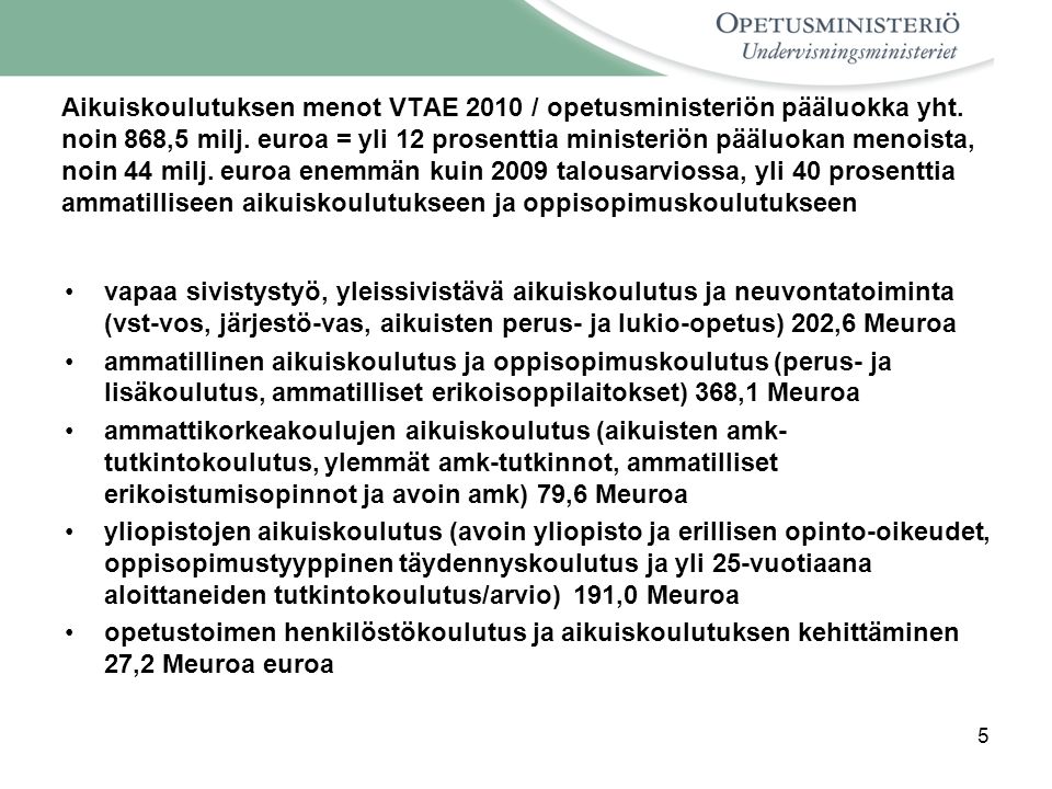Aikuiskoulutuksen menot VTAE 2010 / opetusministeriön pääluokka yht