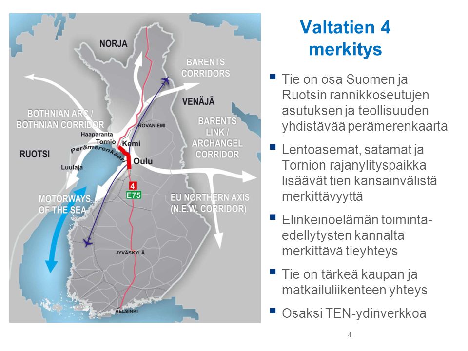 Valtatien 4 merkitys Tie on osa Suomen ja Ruotsin rannikkoseutujen asutuksen ja teollisuuden yhdistävää perämerenkaarta.