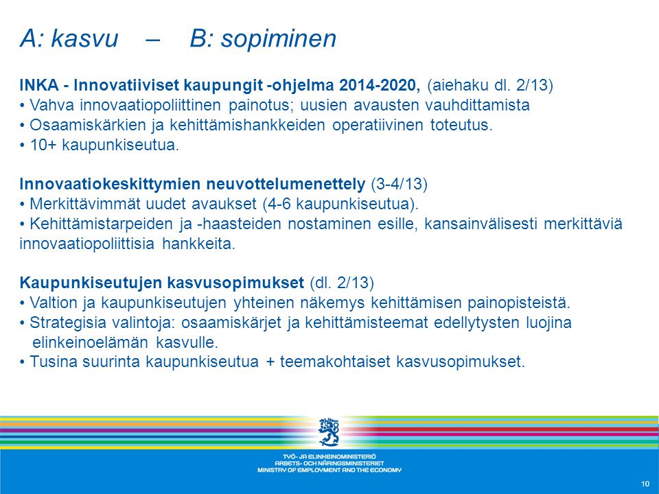 A: kasvu – B: sopiminen INKA - Innovatiiviset kaupungit -ohjelma , (aiehaku dl. 2/13)