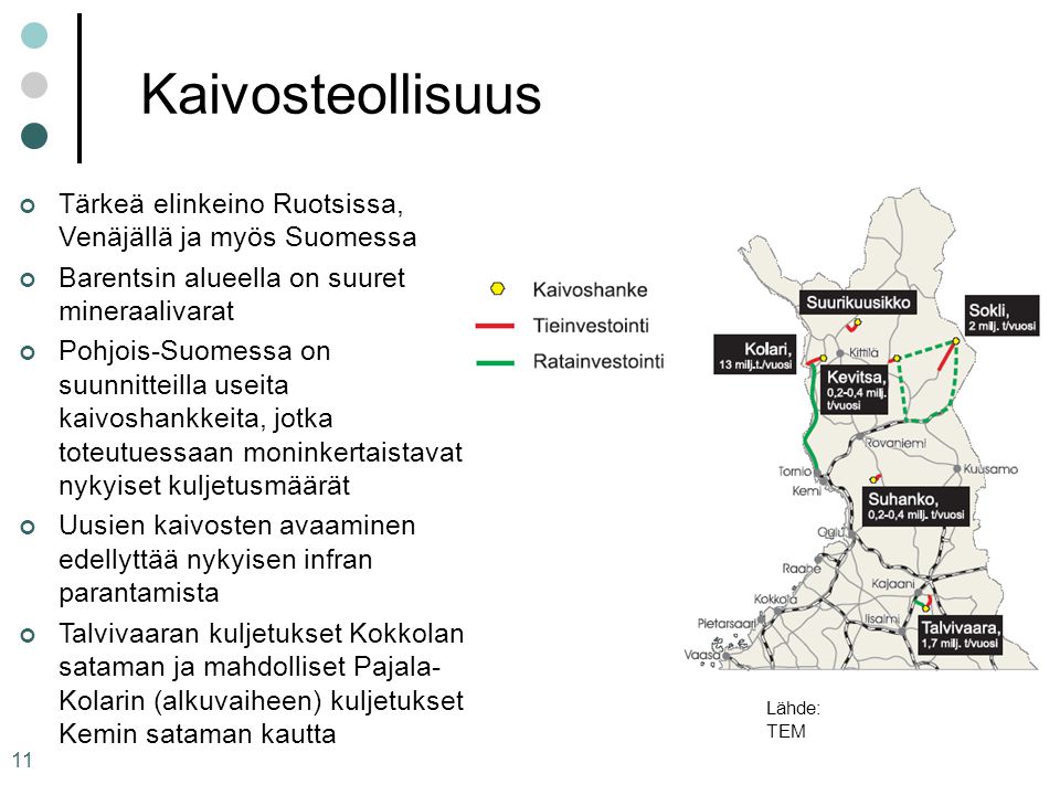 Kaivosteollisuus Tärkeä elinkeino Ruotsissa, Venäjällä ja myös Suomessa. Barentsin alueella on suuret mineraalivarat.