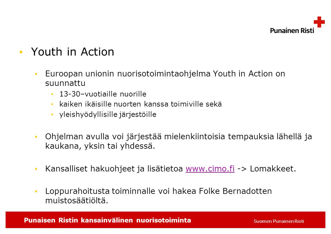 Youth in Action Euroopan unionin nuorisotoimintaohjelma Youth in Action on suunnattu –vuotiaille nuorille.