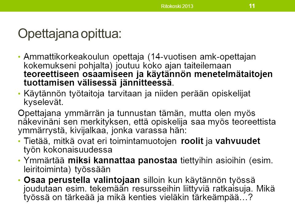 Ritokoski 2013 Opettajana opittua: