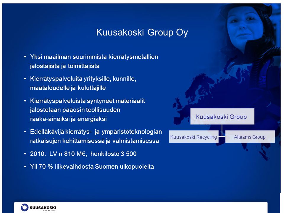 Kuusakoski Oy Kuusakoski Group Oy. Yksi maailman suurimmista kierrätysmetallien jalostajista ja toimittajista.