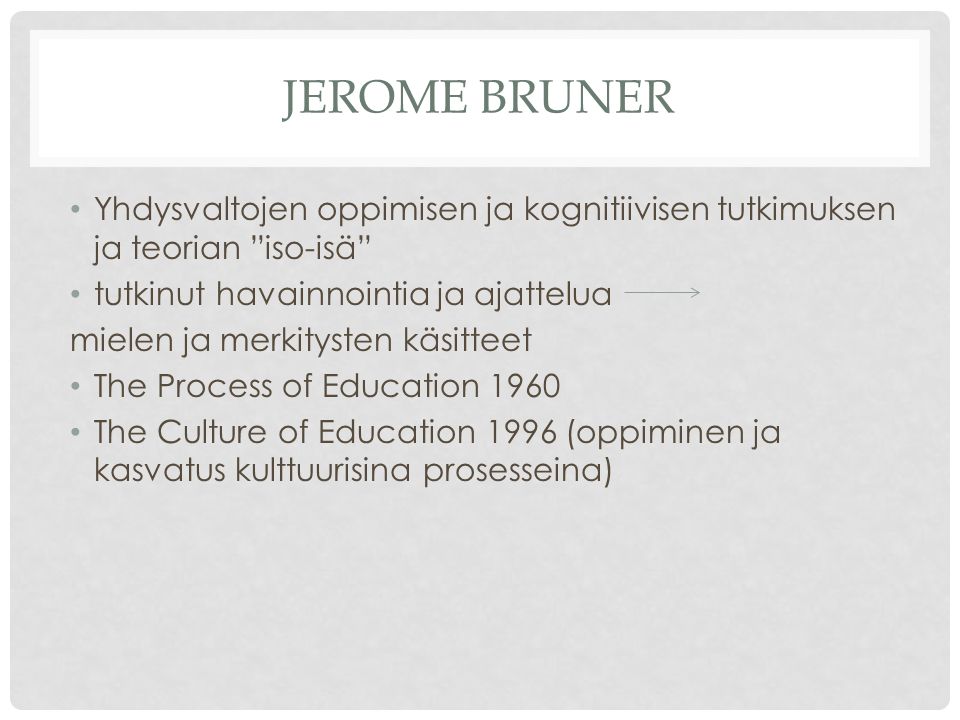 Jerome Bruner Yhdysvaltojen oppimisen ja kognitiivisen tutkimuksen ja teorian iso-isä tutkinut havainnointia ja ajattelua.