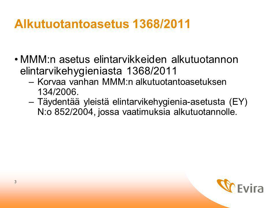 Alkutuotantoasetus 1368/2011 MMM:n asetus elintarvikkeiden alkutuotannon elintarvikehygieniasta 1368/2011.